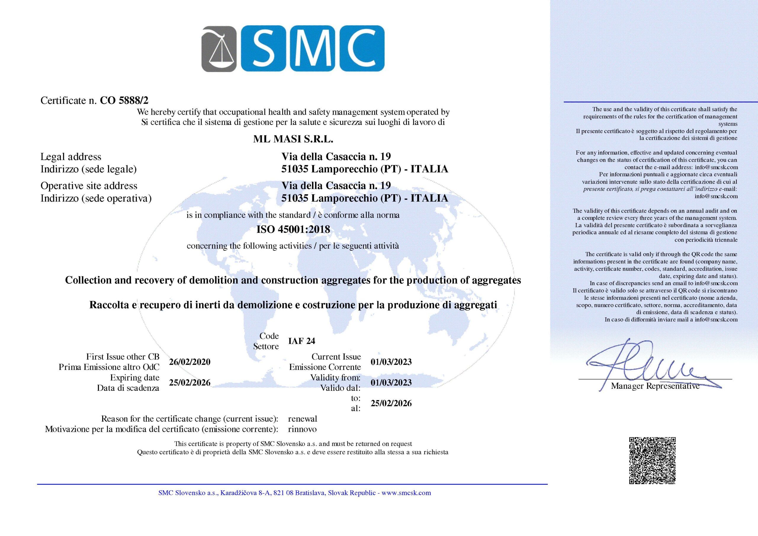 Certificazione ISO 45001 ML MASI SRL a Lamporecchio e in tutta la Toscana Lavori stradali, autotrasporti conto terzi, recupero materiali inerti, impianto frantumazione