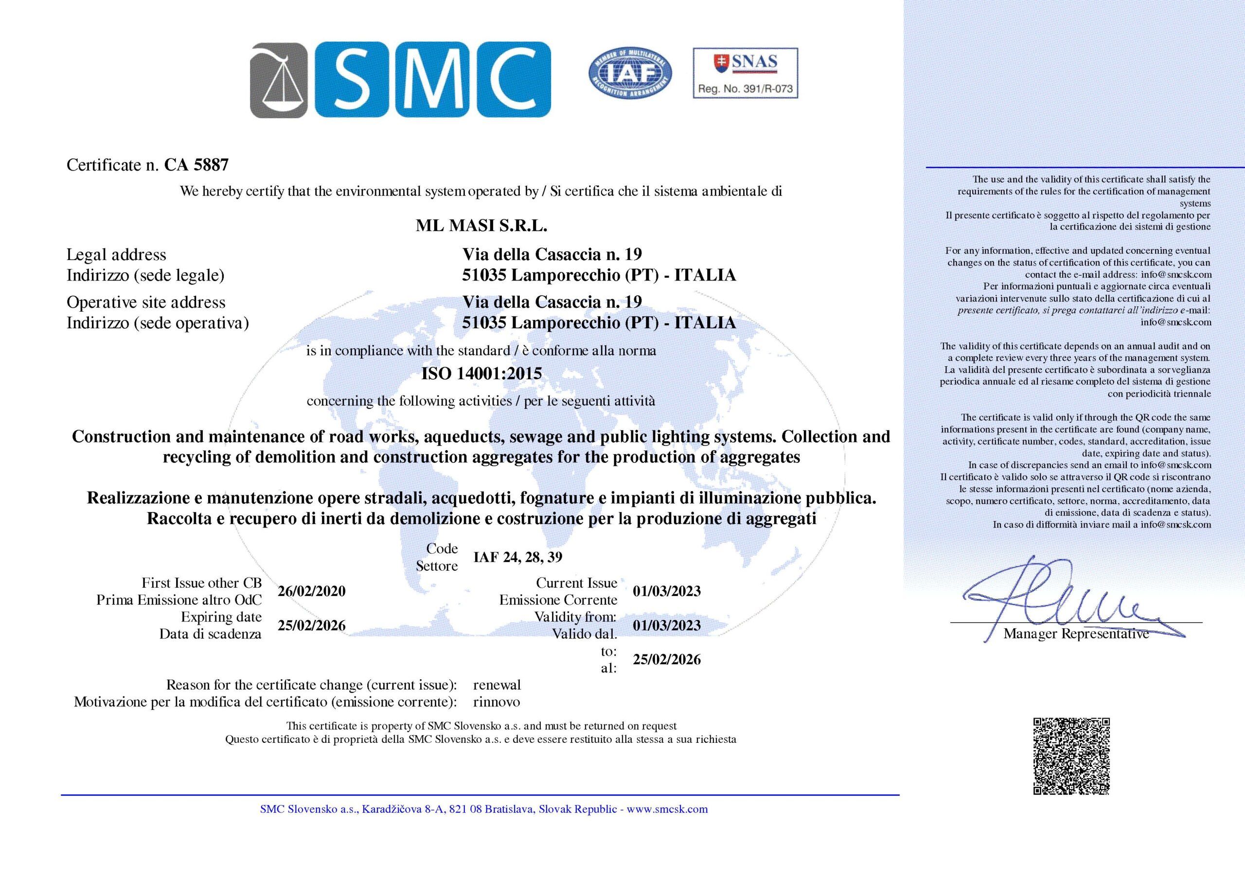 Certificazione 14001:2015 ML MASI SRL a Lamporecchio e in tutta la Toscana Lavori stradali, autotrasporti conto terzi, recupero materiali inerti, impianto frantumazione