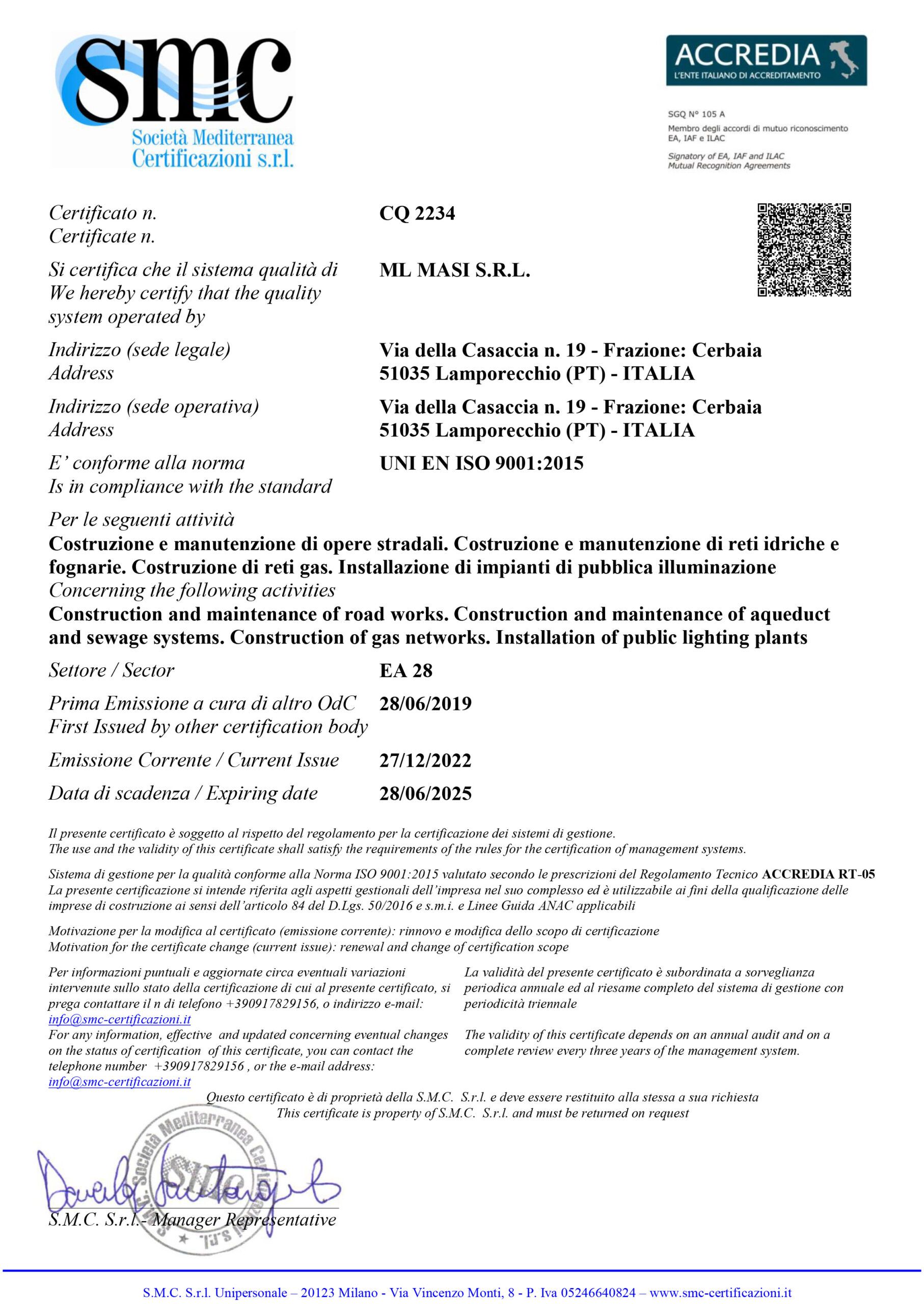 Certificazione ISO 9001:2015 ML MASI SRL a Lamporecchio e in tutta la Toscana Lavori stradali, autotrasporti conto terzi, recupero materiali inerti, impianto frantumazione
