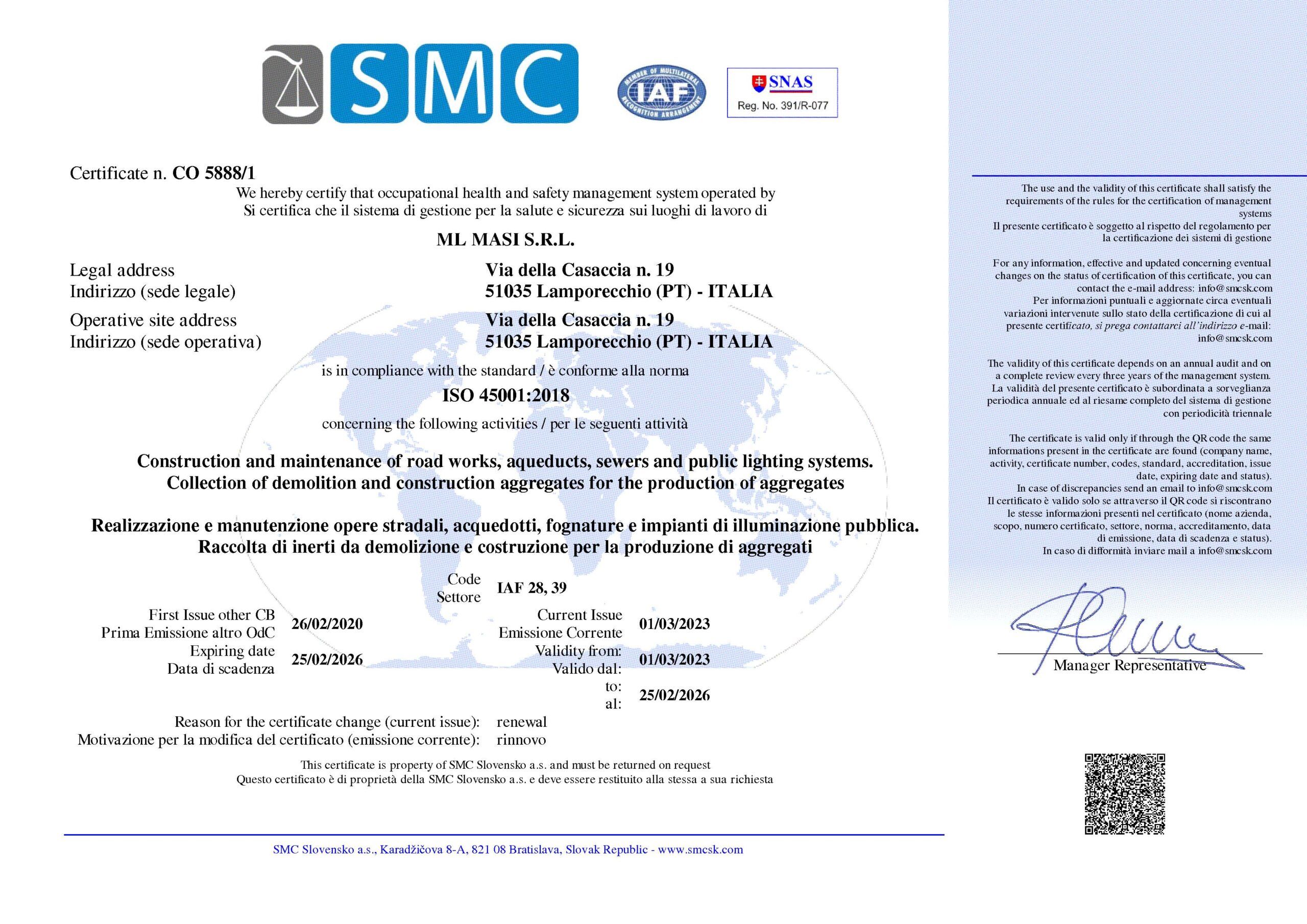 Certificazione ISO 45001:2018 ML MASI SRL a Lamporecchio e in tutta la Toscana Lavori stradali, autotrasporti conto terzi, recupero materiali inerti, impianto frantumazione
